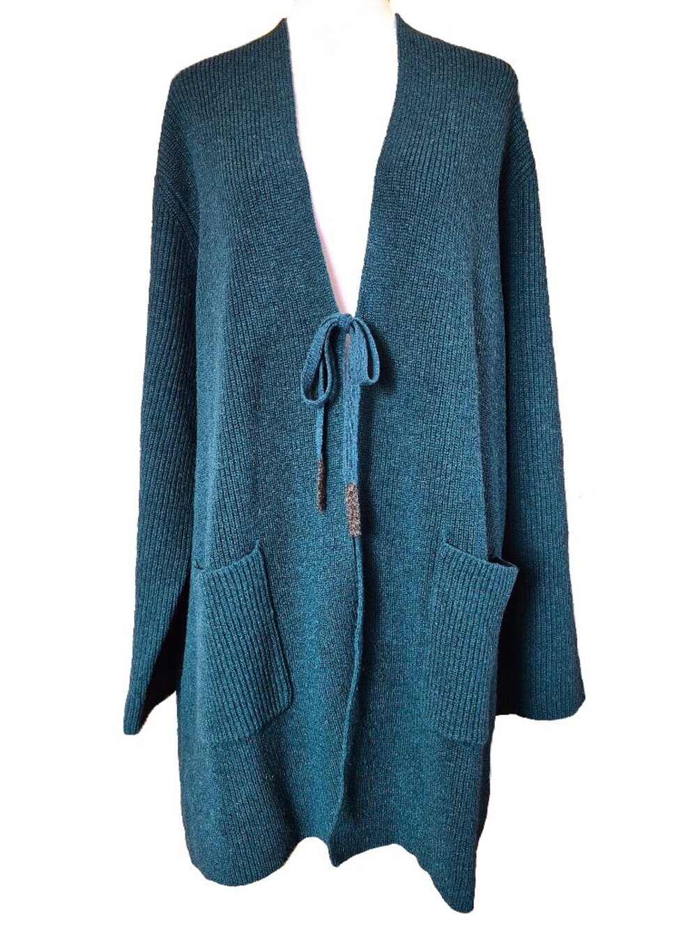 Gudrun Sjoden Teal 100% Wool Long Cardigan Sweater Tie Front Pockets Womens Sz L